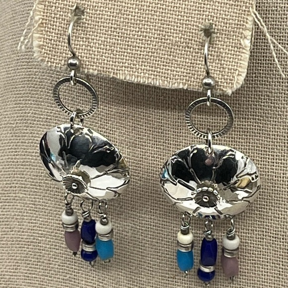 90's Handmade Sterling Silver Shell Drop Earrings with Beaded Accents - Picture 10 of 17